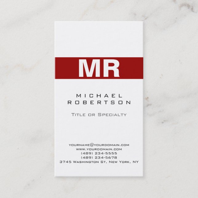 Modern Monogram White Red Clean Business Card (Front)