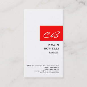 Modern Monogram White Red Plain Business Card