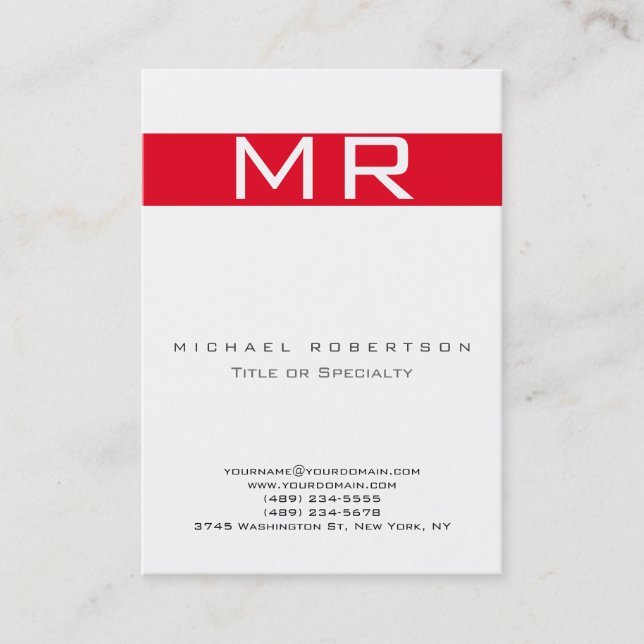 Modern Monogram White Red Stripe Business Card (Front)