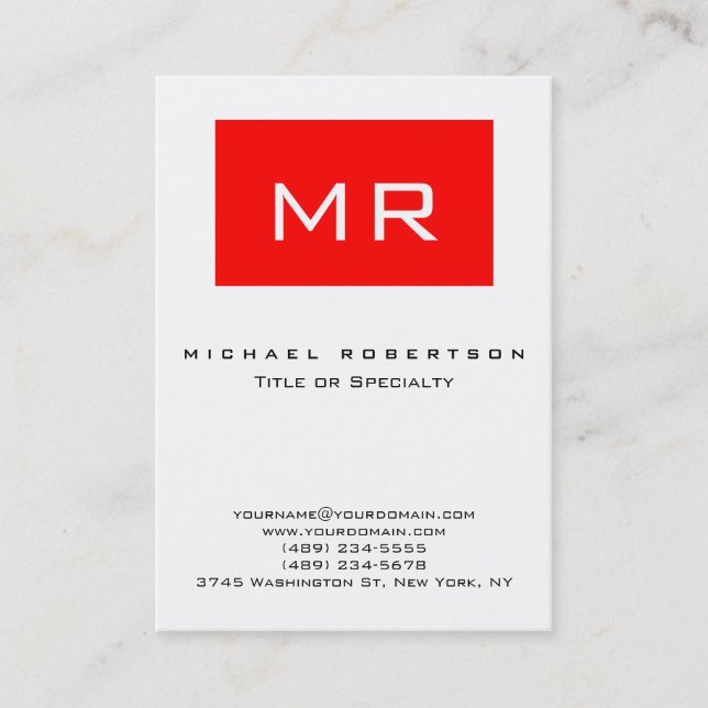 Modern Monogram White Red Stripe Business Card (Front)