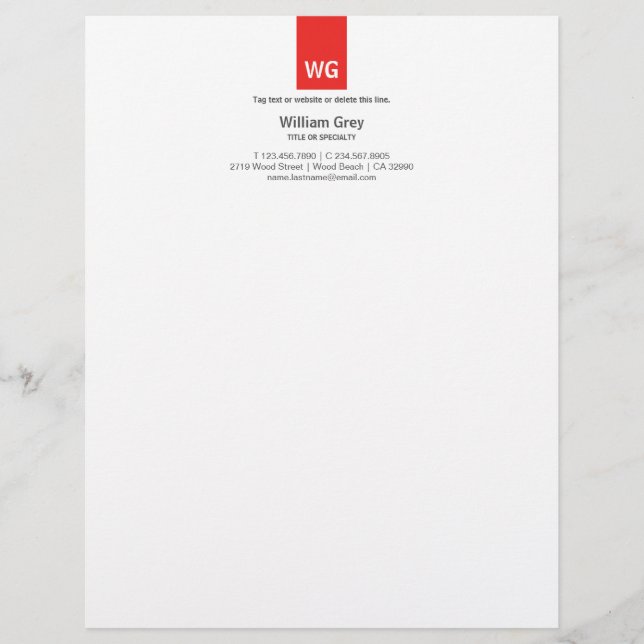 Modern Monogram White Red Top Letterhead (Front)