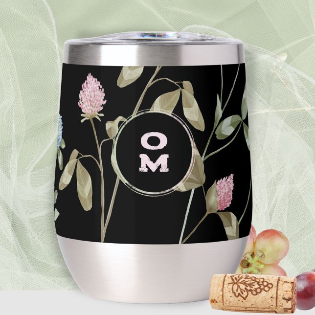 Modern Monogram Wildflower Rose Green Large Clover (Black Clover Monogram Thermal Wine Tumbler ©Susanne Sachers - Sunny Mind 🌞)