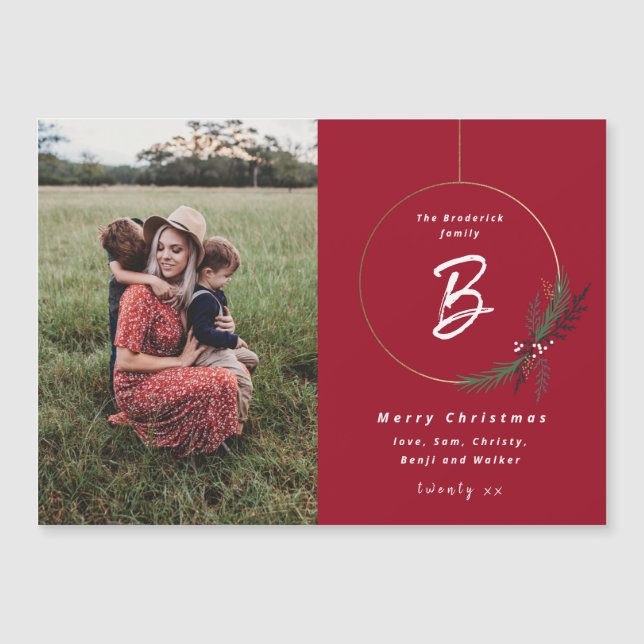 Modern Monogram Wreath Photo Christmas Card (Front)