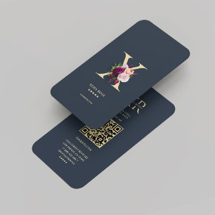 Modern Monogram X Floral Dark Blue Gold Business Card