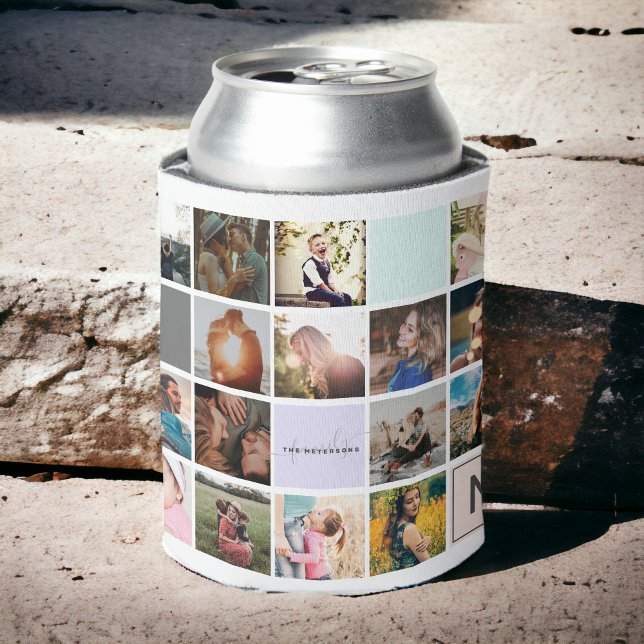 Modern monogram your family 16 photo collage grid can cooler (Modern monogram your family 16 photo collage grid can cooler)