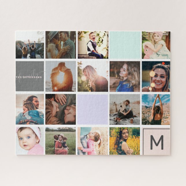 Modern monogram your family 16 photo collage grid jigsaw puzzle (Horizontal)