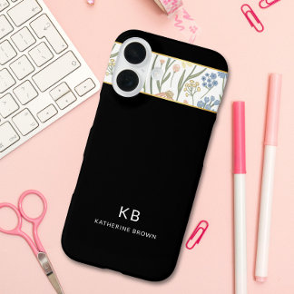Modern Monogramm Cute Black Floral Pattern iPhone 16 Case