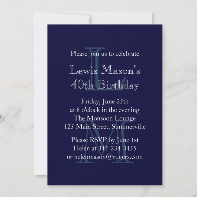 Modern Monogrammed Birthday Invitation  (navy) (Front)