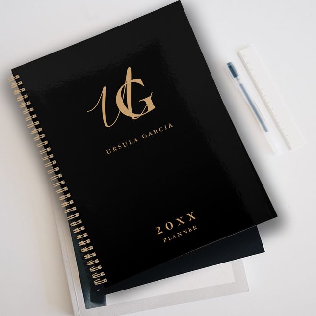 Modern Monogrammed Black and Gold Script Planner (Creator Uploaded)