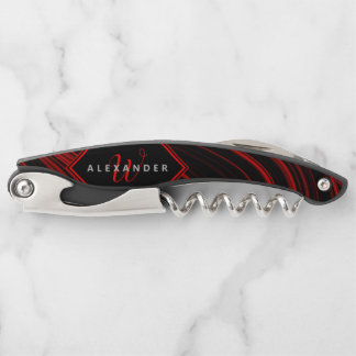 Modern Monogrammed Black and Red Abstract Pattern Corkscrew