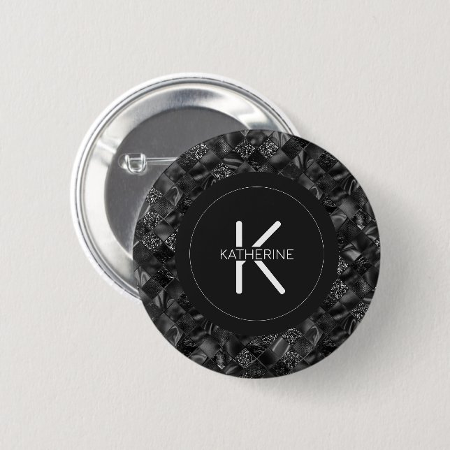 Modern Monogrammed Black Faux Glitter Pattern 6 Cm Round Badge (Front & Back)