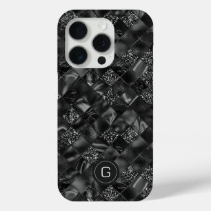 Modern Monogrammed Black Faux Glitter Pattern iPhone 15 Pro Case