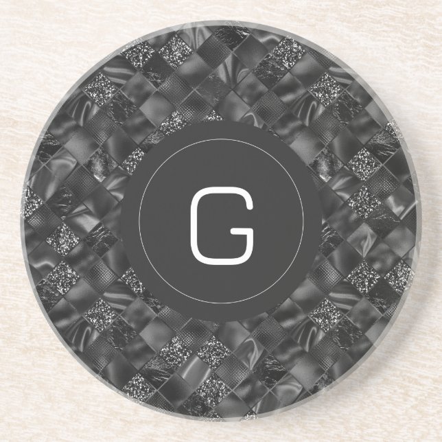 Modern Monogrammed Black Faux Glitter Pattern Coaster (Front)