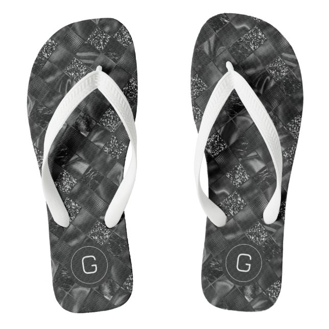Modern Monogrammed Black Faux Glitter Pattern Jandals (Footbed)