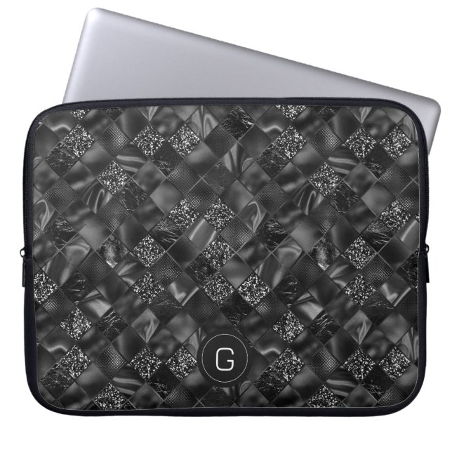 Modern Monogrammed Black Faux Glitter Pattern Laptop Sleeve (Front)