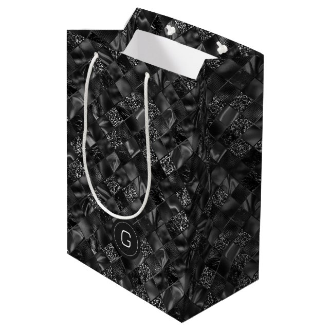 Modern Monogrammed Black Faux Glitter Pattern Medium Gift Bag (Back Angled)