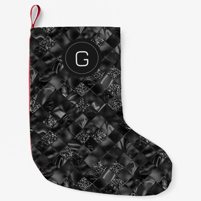 Modern Monogrammed Black Faux Glitter Pattern Small Christmas Stocking (Front)