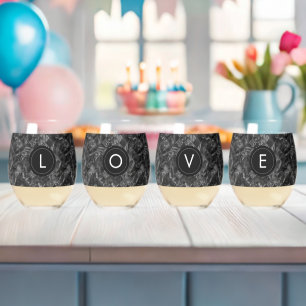 Modern Monogrammed Black Faux Glitter Pattern Stemless Wine Glass