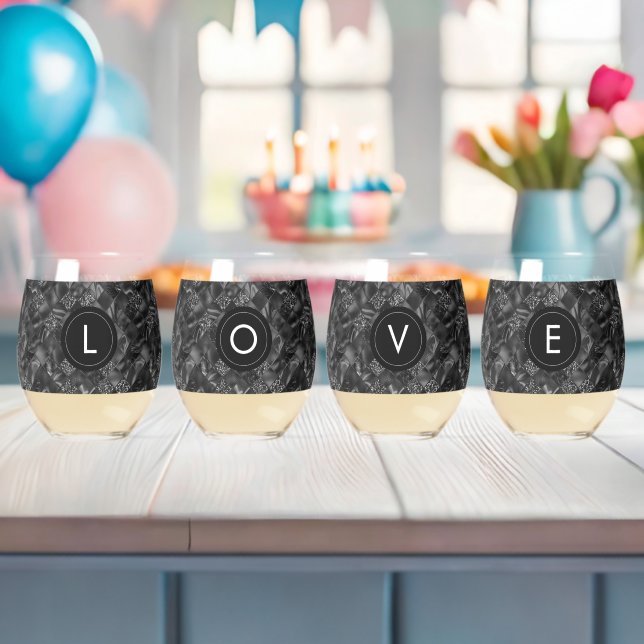 Modern Monogrammed Black Faux Glitter Pattern Stemless Wine Glass (Insitu (Baby Shower))