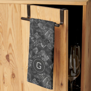 Modern Monogrammed Black Faux Glitter Pattern Tea Towel