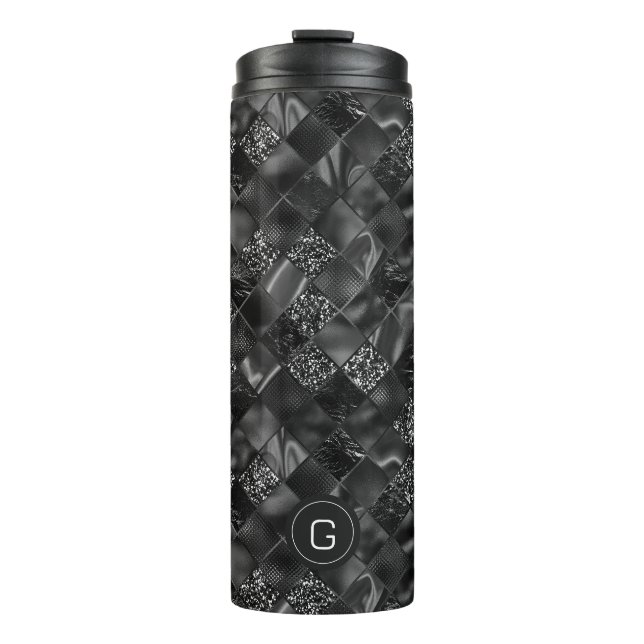 Modern Monogrammed Black Faux Glitter Pattern Thermal Tumbler (Front)