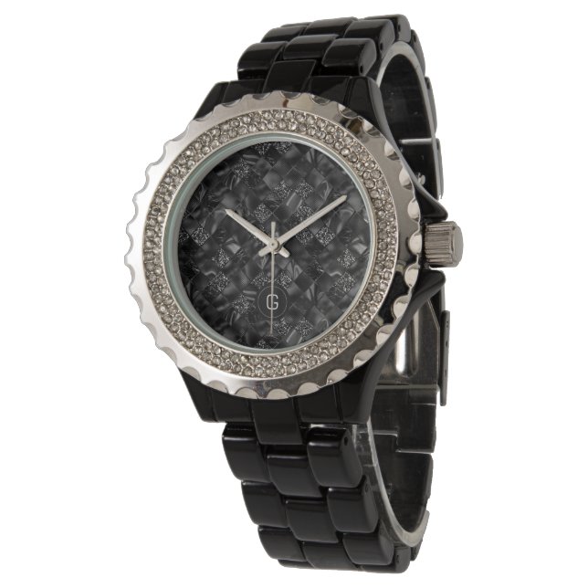 Modern Monogrammed Black Faux Glitter Pattern Watch (Angled)