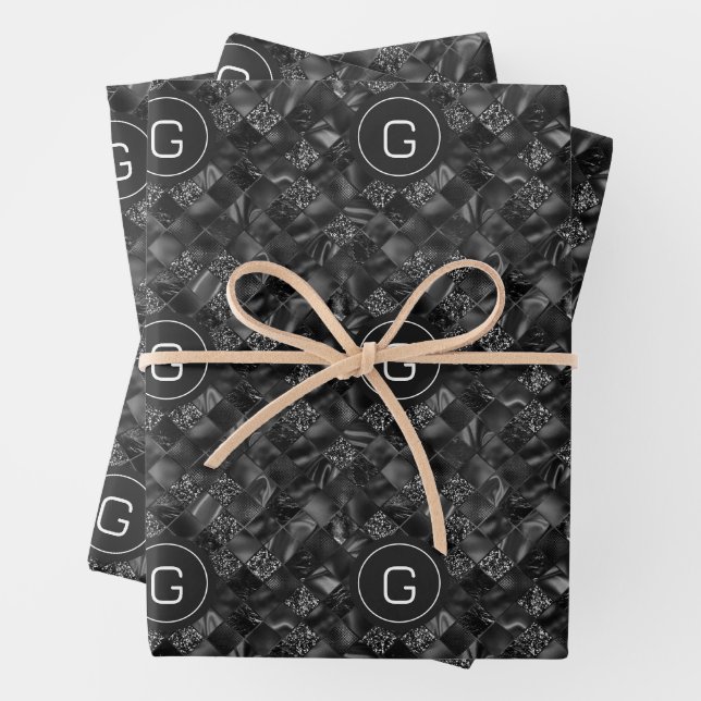Modern Monogrammed Black Faux Glitter Pattern Wrapping Paper Sheet (In situ)