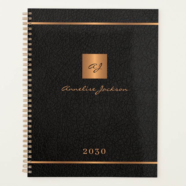 Modern monogrammed black gold elegant name script planner (Front)