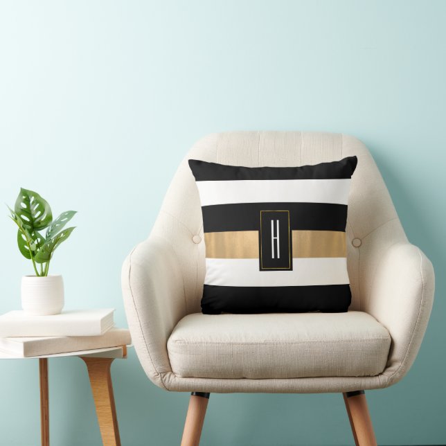 Modern Monogrammed Black Striped  Cushion (Chair)