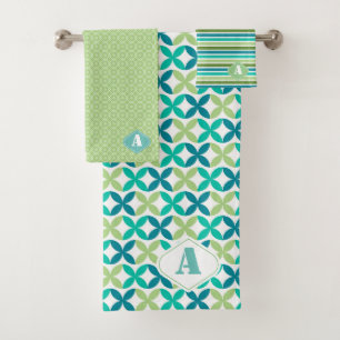 Modern Monogrammed Blue Green Geometric Shapes Bath Towel Set