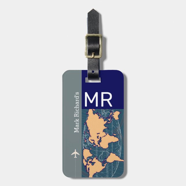 Modern Monogrammed Blue Luggage Tag (Front Vertical)