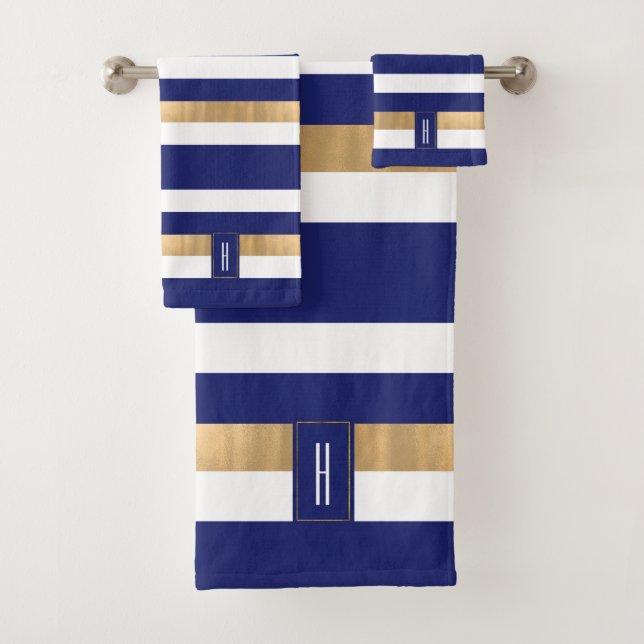 Modern Monogrammed Blue Striped  Bath Towel Set (Insitu)