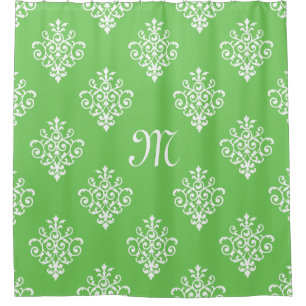Modern Monogrammed Bright Green Damask Pattern Shower Curtain