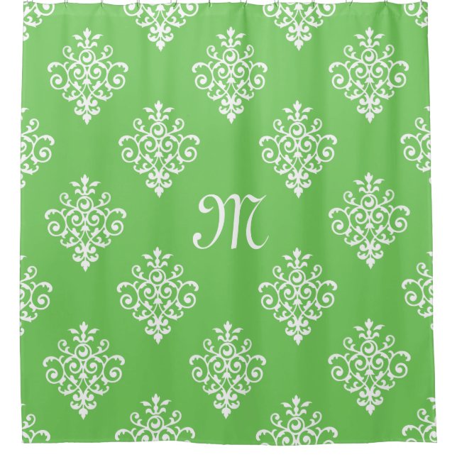 Modern Monogrammed Bright Green Damask Pattern Shower Curtain (Front)
