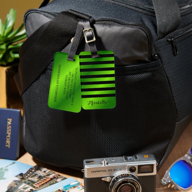 Modern Monogrammed Bright Lime Green Luggage Tag (Front & Back)