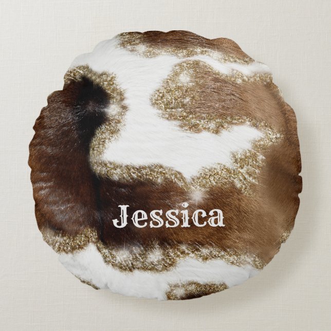 Modern Monogrammed Cowhide Pattern with Fake Glitt Round Cushion (Front)