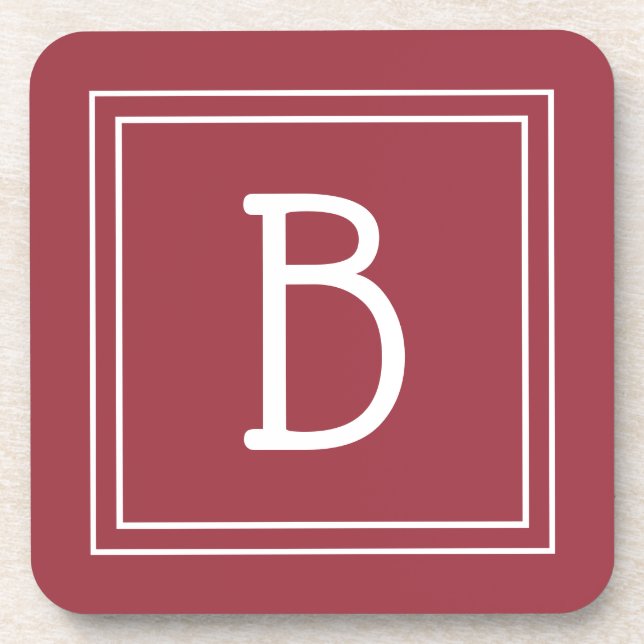 Modern Monogrammed Crimson Red & White Initial Coaster (Front)