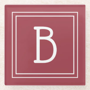 Modern Monogrammed Crimson Red & White Initial Glass Coaster