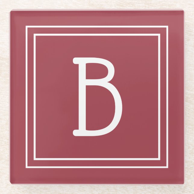 Modern Monogrammed Crimson Red & White Initial Glass Coaster (Front)