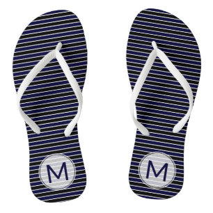 Modern Monogrammed Dark Blue Black Stripes Jandals