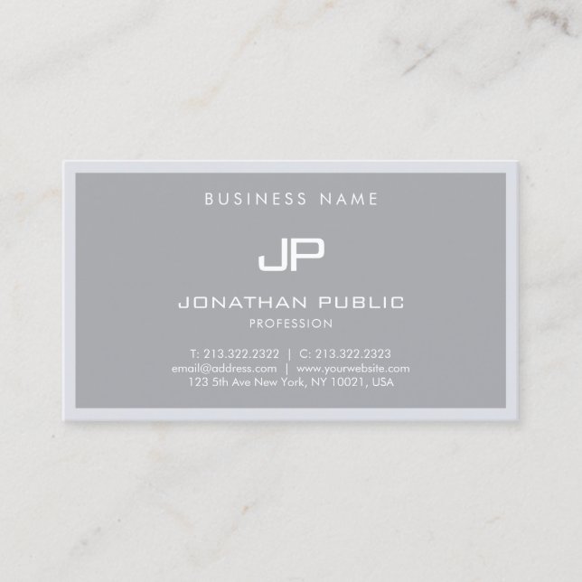Modern Monogrammed Elegant Grey Minimalist Plain Business Card (Front)