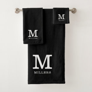 Modern Monogrammed  Family Name Black And White Bath Towel Set