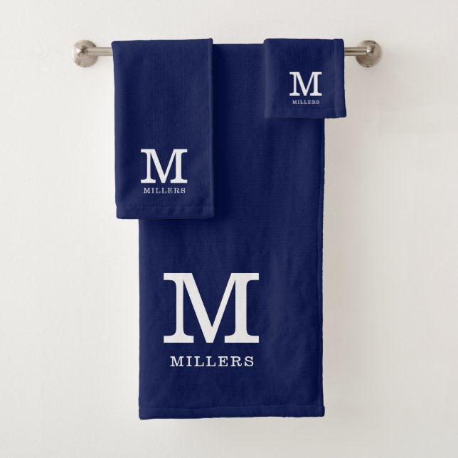 Modern Monogrammed Family Name Navy Blue And White Bath Towel Set (Insitu)