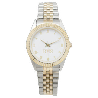 Modern Monogrammed Gold Silver Tone Metal Bracelet Watch