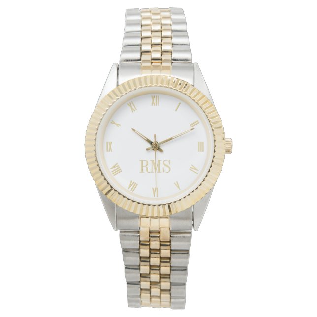 Modern Monogrammed Gold Silver Tone Metal Bracelet Watch (Front)