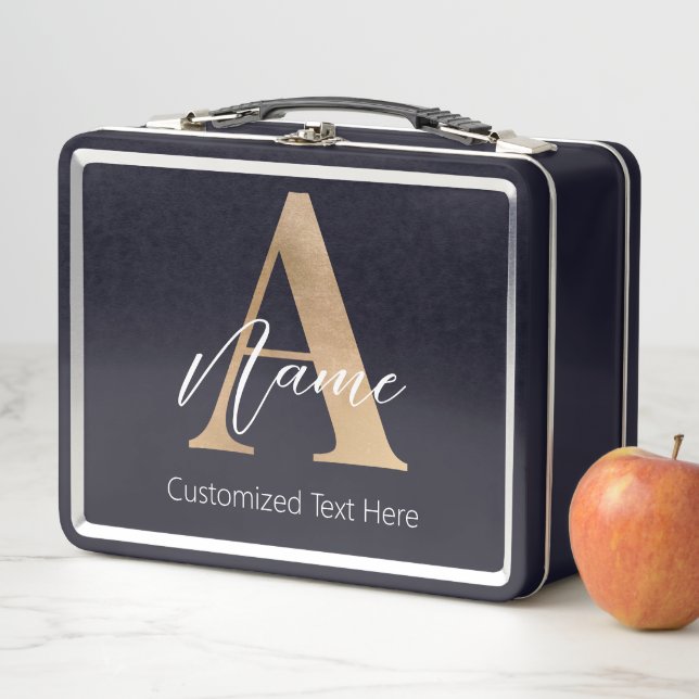 Modern Monogrammed Initial A & Name Personalised Metal Lunch Box (In Situ)