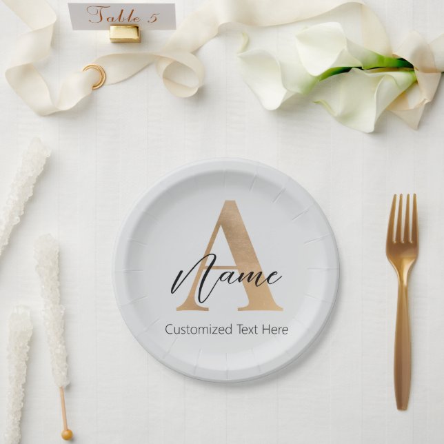 Modern Monogrammed Initial A & Name Personalised Paper Plate (Wedding)