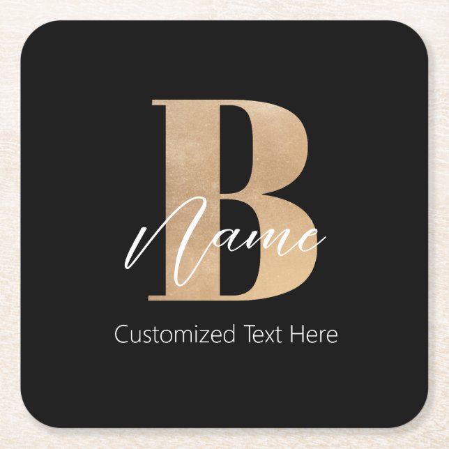 Modern Monogrammed Initial B & Name Personalised Square Paper Coaster (Front)
