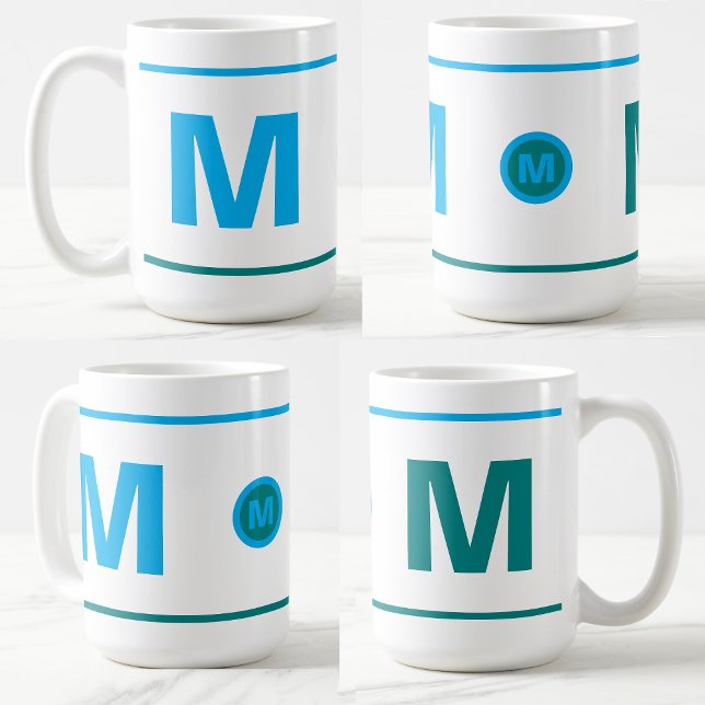 Modern Monogrammed Initial Coffee Mug (Blue, Teal) (Initial Letter Monogram Modern mug)