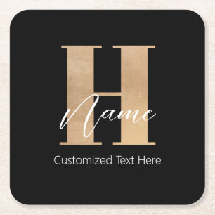 Modern Monogrammed Initial H & Name Personalised Square Paper Coaster